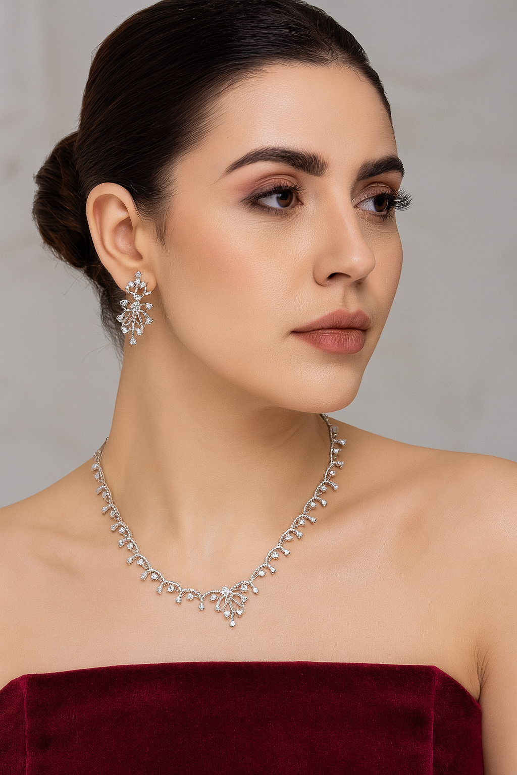 Designer Diamond Necklace Set – Unique Fan Motif in White Polish